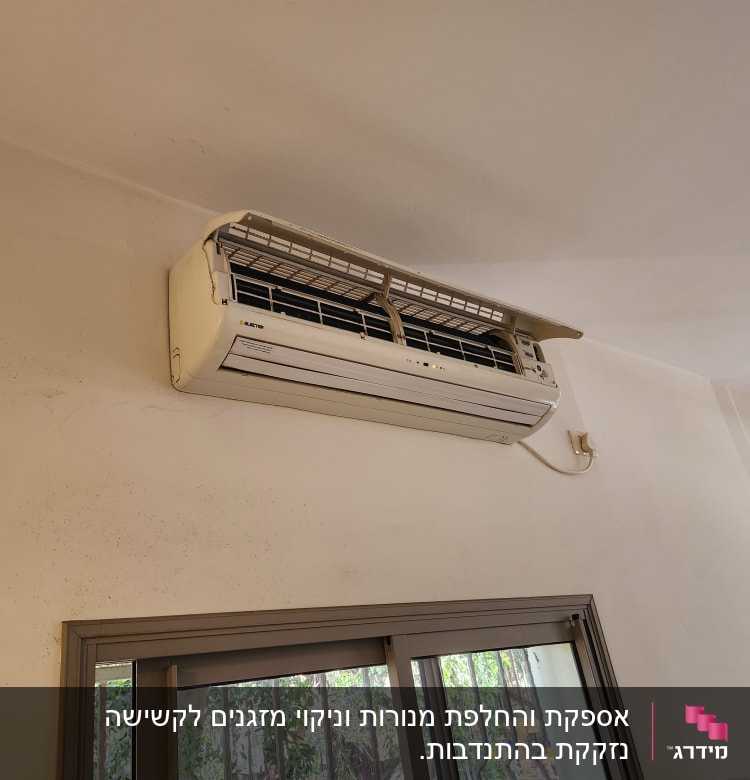 מזגן מותקן על קיר עם כבל חשמל